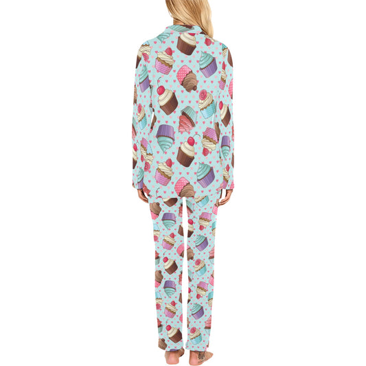 Cupcakes Fancy Heart Print Pattern Women's Long Pajama Set