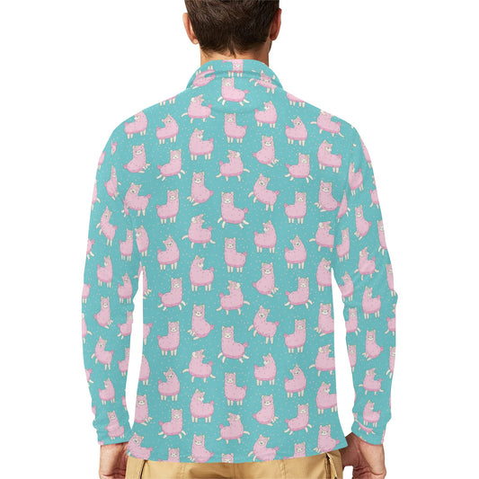 Alpaca Cartoon Design Themed Print Long Sleeve Polo Shirt For Men's