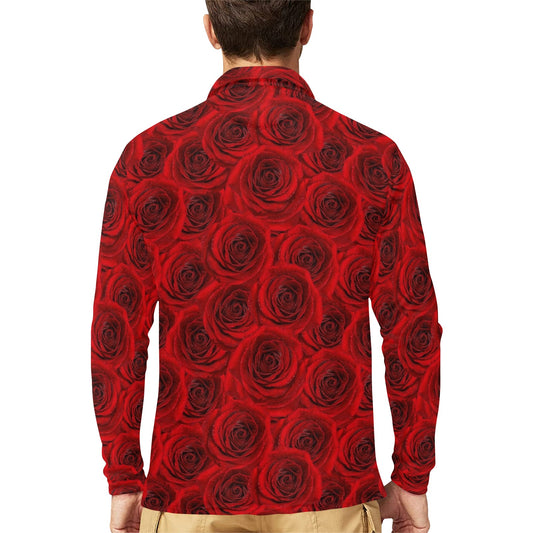 Rose Red Pattern Print Design RO04 Long Sleeve Polo Shirt For Men's