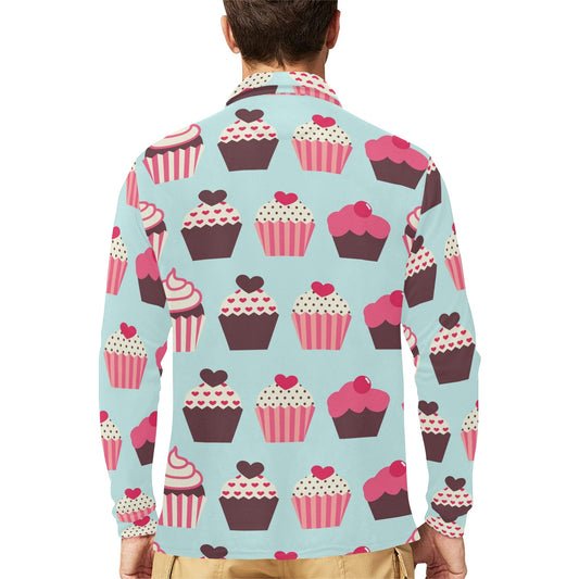 CupCake Print Pattern Long Sleeve Polo Shirt For Men's