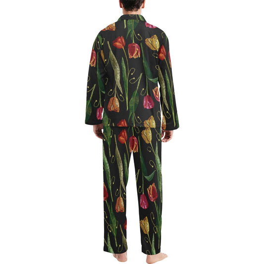 Tulip Embroidered Pattern Print Design TP01 Men's Long Pajama Set