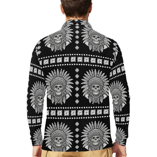 Native American Indian Skull Long Sleeve Polo Shirt For Men's