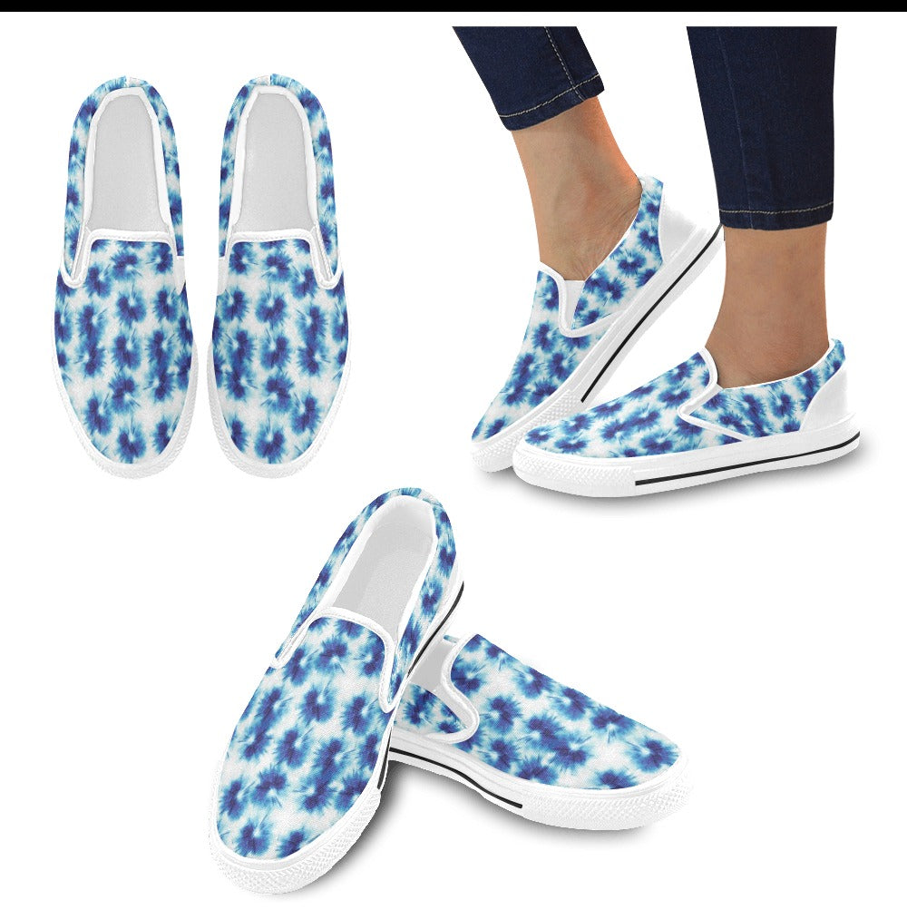 Tie Dye Blue Print Design LKS305 White Slip Ons Canvas Women's Shoes