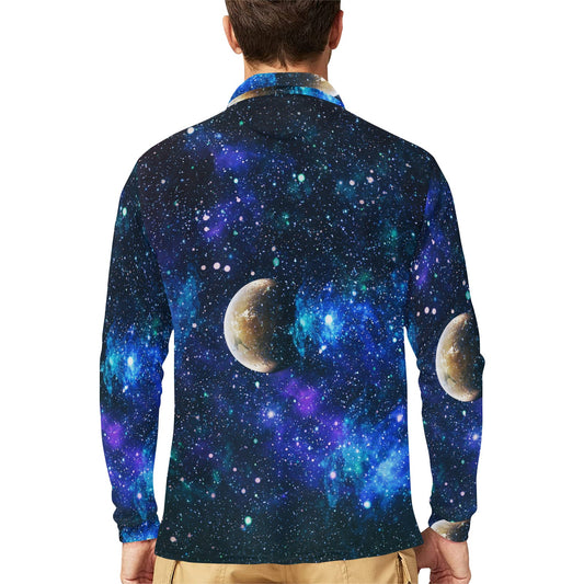 Galaxy Stardust Planet Space Print Long Sleeve Polo Shirt For Men's