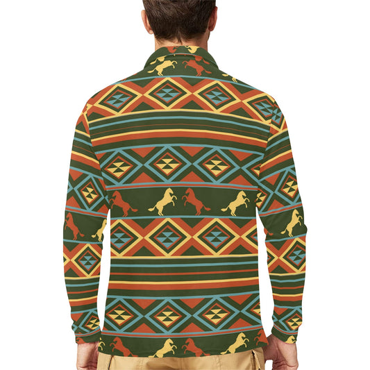 Horse Western Pattern Long Sleeve Polo Shirt For Men's