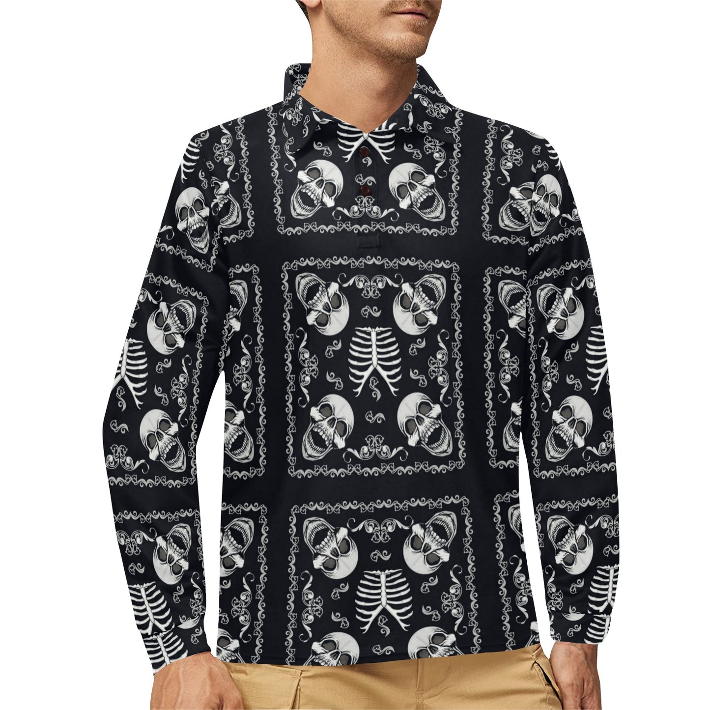 Bandana Skull Black White Print Design LKS306 Long Sleeve Polo Shirt For Men's