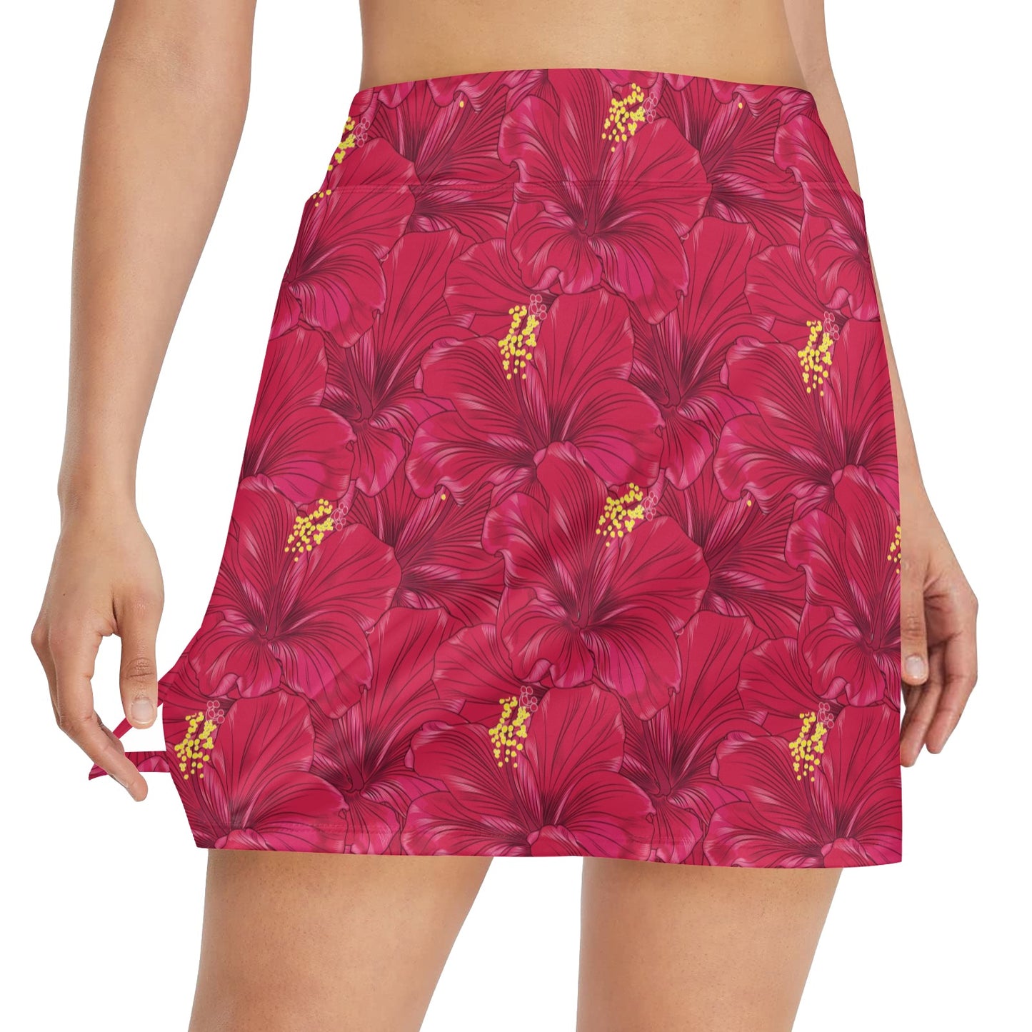 Hibiscus Red Pattern Print LKS308 Women's Golf Skirt with Pocket