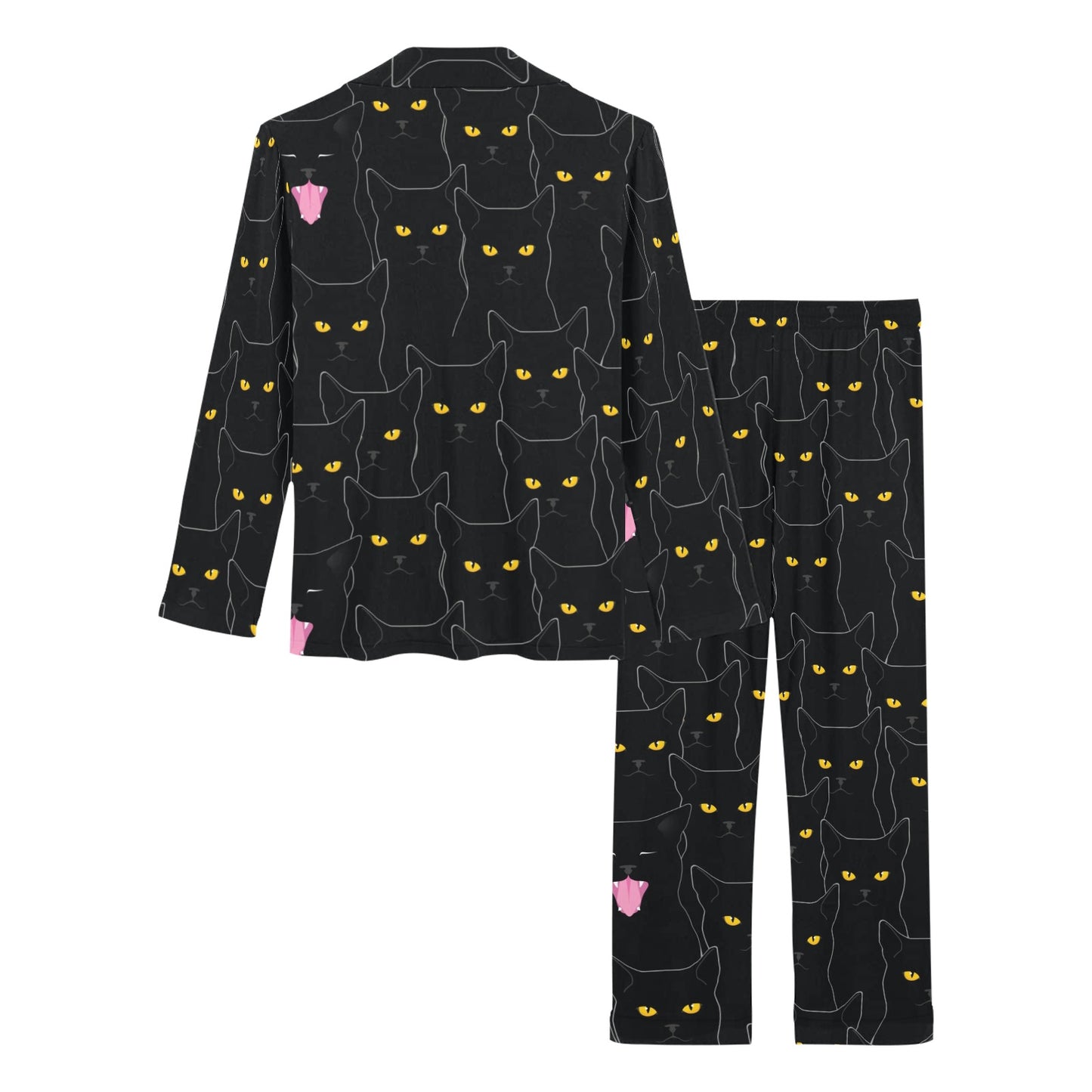 Black Cat Yellow Eyes Print Pattern Women's Long Pajama Set