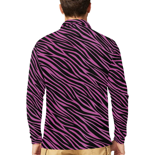 Zebra Pink Print Design LKS304 Long Sleeve Polo Shirt For Men's
