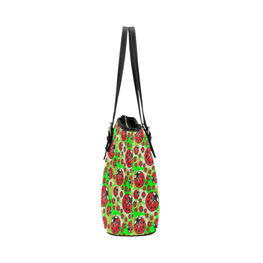 Ladybug with Leaf Print Pattern Leather Tote Bag