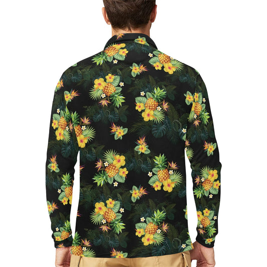 Pineapple Tropical Flower Print Pattern Long Sleeve Polo Shirt For Men's