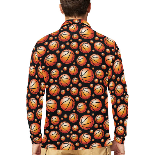 Basketball Black Background Pattern Long Sleeve Polo Shirt For Men's