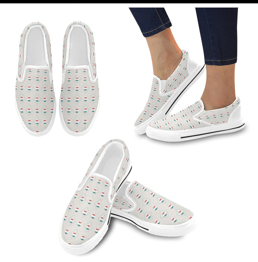 Sailboat Print Design LKS301 White Slip Ons Canvas Women's Shoes
