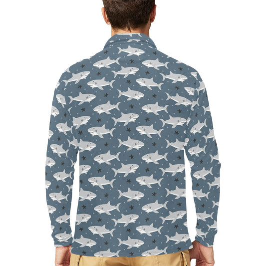 Shark Print Design LKS305 Long Sleeve Polo Shirt For Men's