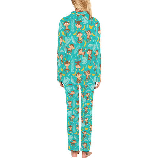 Monkey Happy Design Themed Print Women's Long Pajama Set