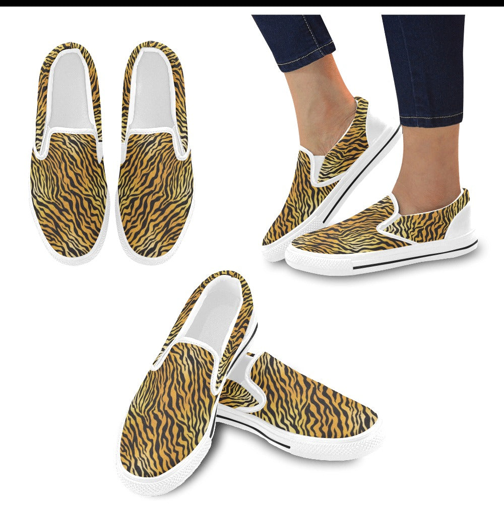 Tiger Print Design LKS302 White Slip Ons Canvas Women's Shoes