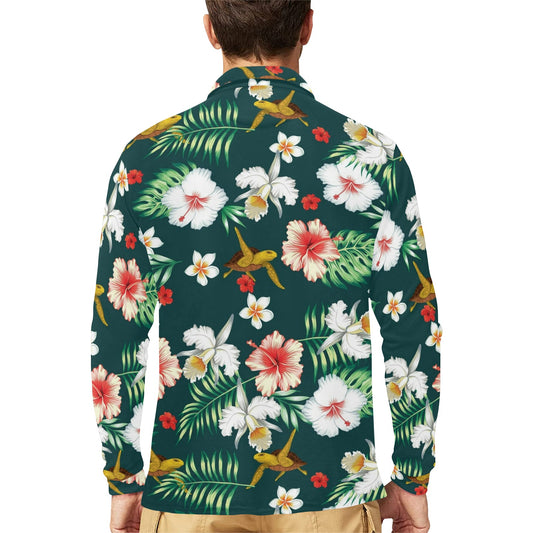 Hawaiian Flower Design with SeaTurtle Print Long Sleeve Polo Shirt For Men's