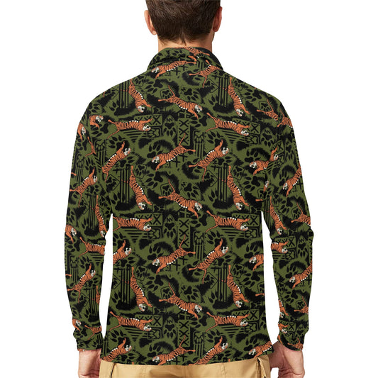 Tiger Pattern Print Design LKS303 Long Sleeve Polo Shirt For Men's