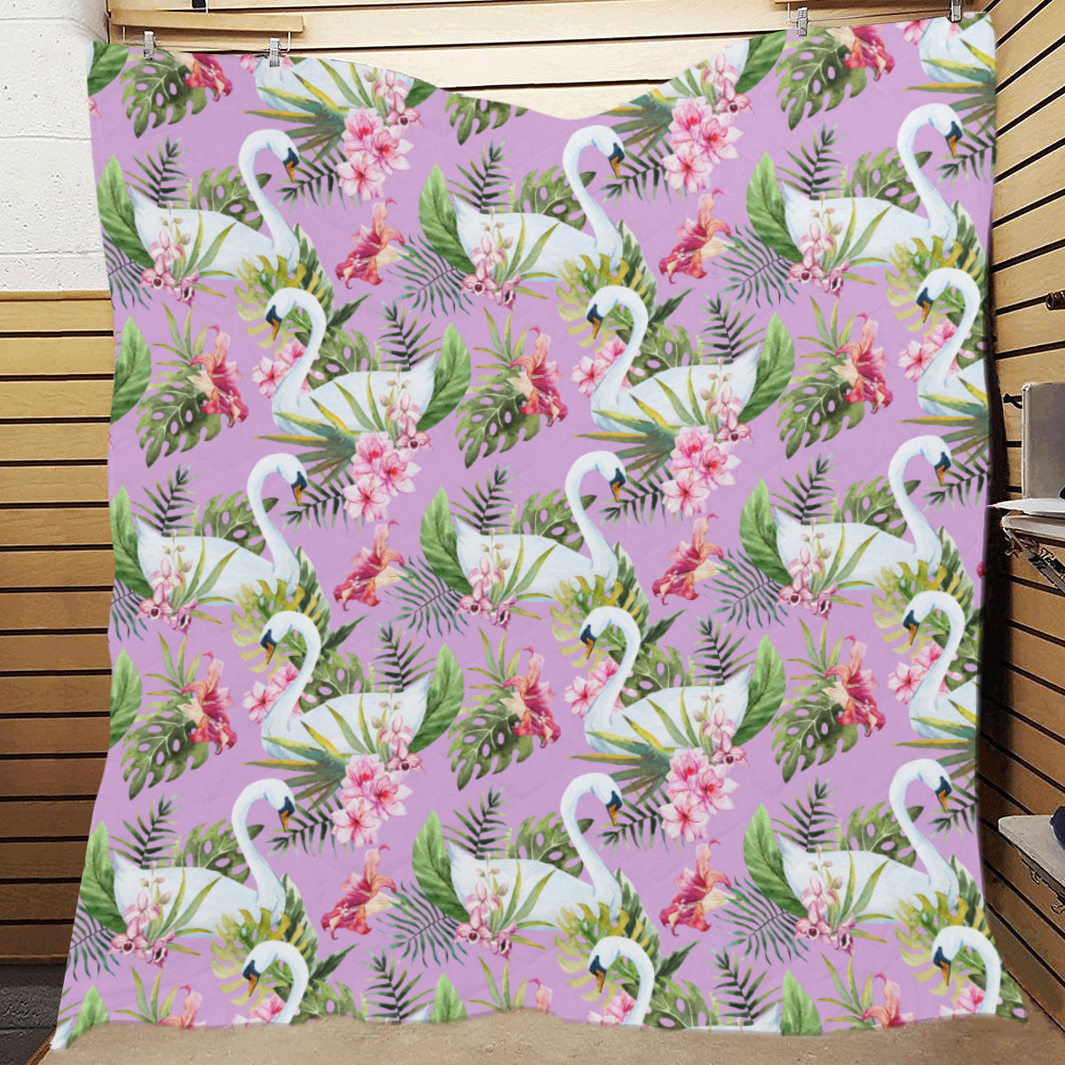 Swan with Flower Pattern Print Design 01 Premium Quilt