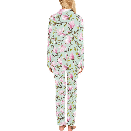 Magnolia Pattern Print Design MAG04 Women's Long Pajama Set