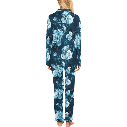 Rose Blue Pattern Print Design RO014 Women's Long Pajama Set