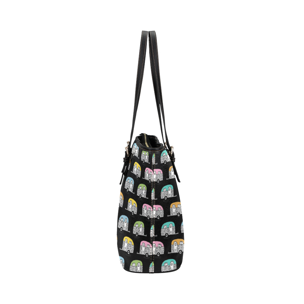 Camper Pattern Camping Themed No 2 Print Leather Tote Bag