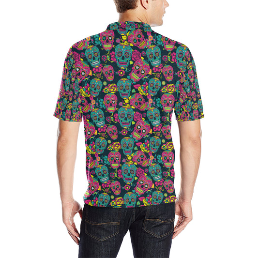 Sugar Skull Floral Design Themed Print Men Polo Shirt