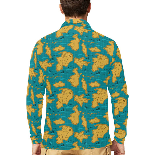 World Map Print Design LKS301 Long Sleeve Polo Shirt For Men's