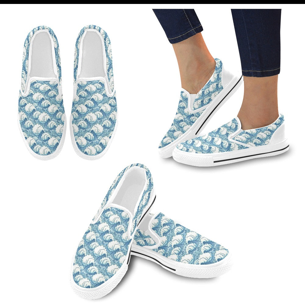 Wave Japan Style Print Design LKS304 White Slip Ons Canvas Women's Shoes