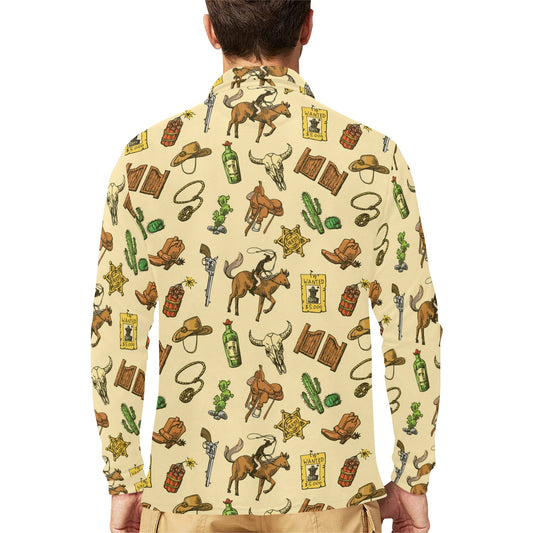 Cowboy Pattern Print Design 04 Long Sleeve Polo Shirt For Men's
