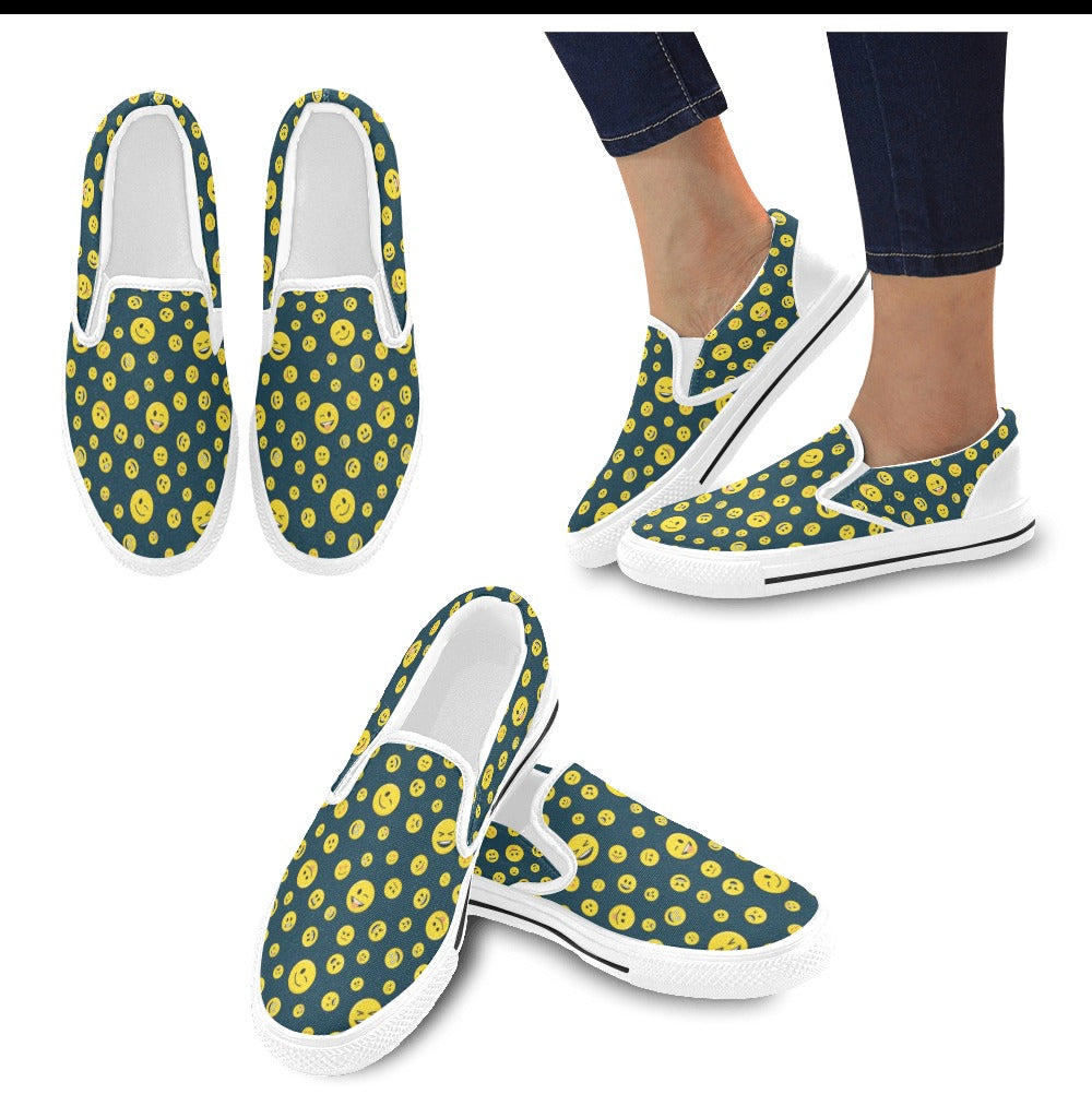 Smiley Face Emoji Print Design LKS301 White Slip Ons Canvas Women's Shoes