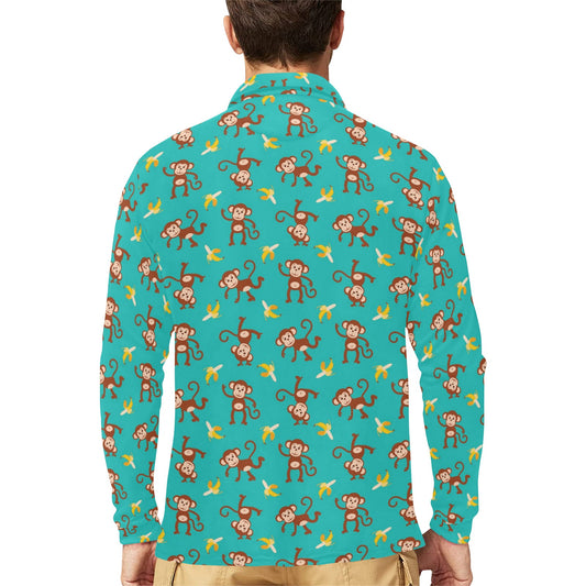 Monkey Banana Design Themed Print Long Sleeve Polo Shirt For Men's