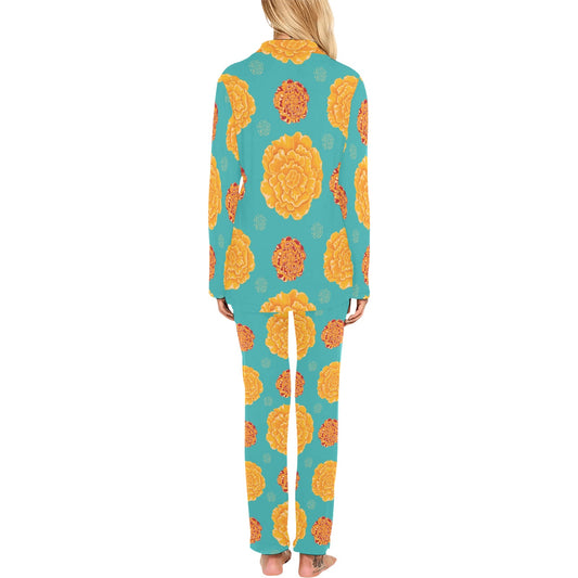 Marigold Pattern Print Design 02 Women's Long Pajama Set