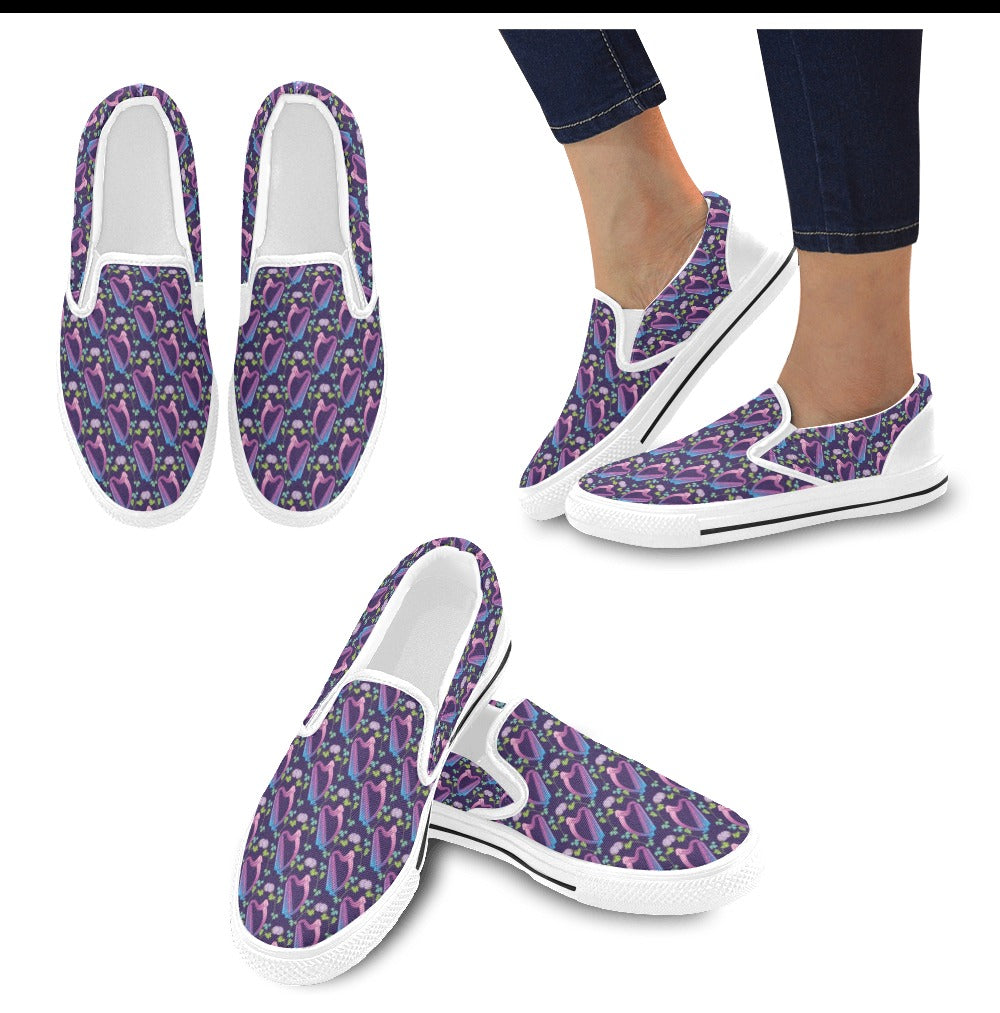 Harp Print Design LKS403 White Slip Ons Canvas Women's Shoes