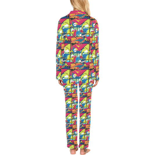 Dinosaur Comic Pop Art Style Women's Long Pajama Set