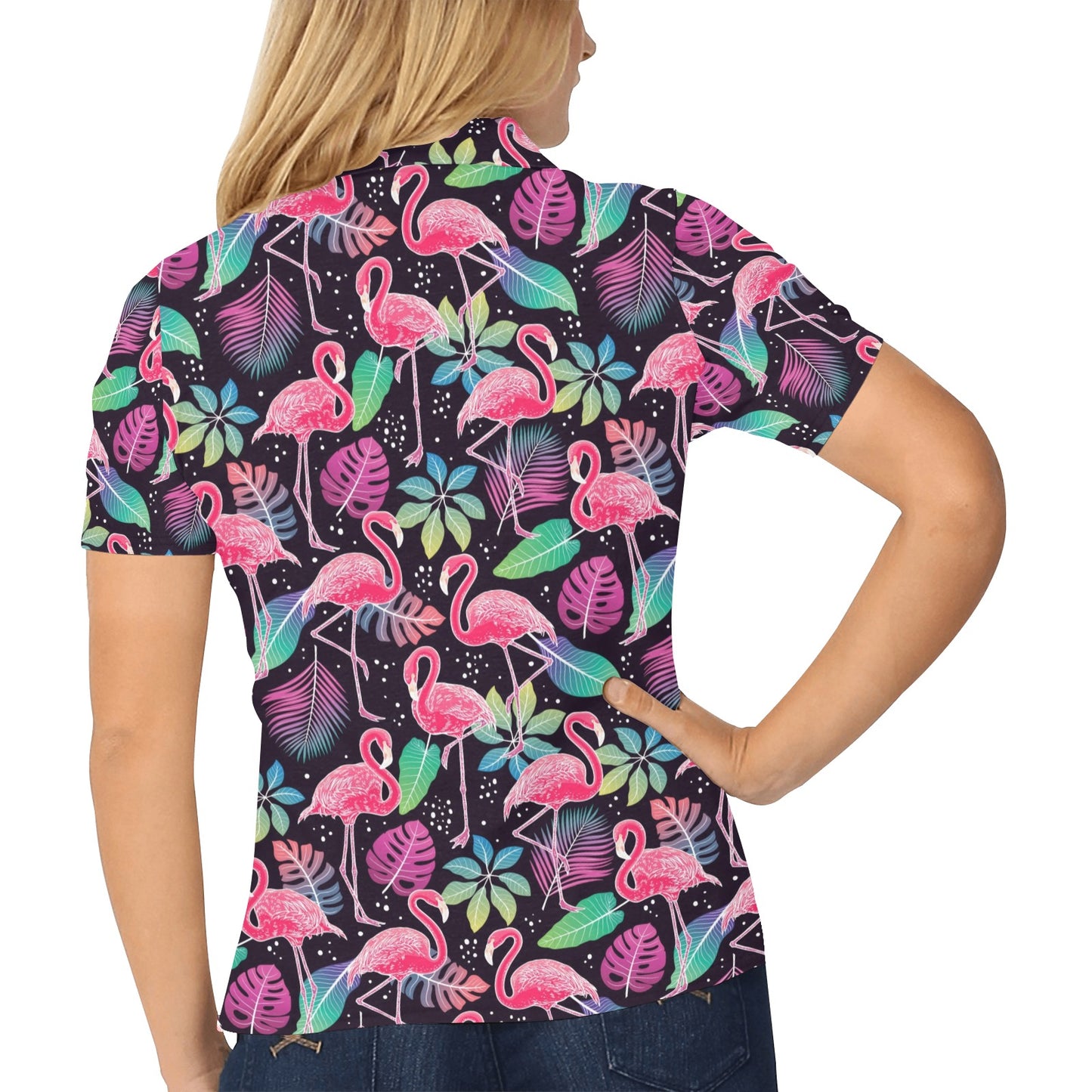 Flamingo Tropical leaves Neon Print Women's Polo Shirt