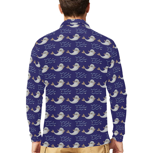 Sea Lion Print Design LKS404 Long Sleeve Polo Shirt For Men's