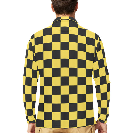 Checkered Yellow Pattern Print Design 03 Long Sleeve Polo Shirt For Men's