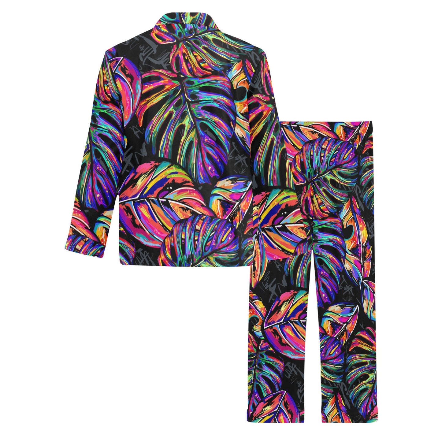 Neon Color Tropical Palm Leaves Men's Long Pajama Set