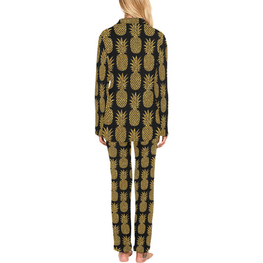 Gold Pineapple Pattern Print Design PP011 Women's Long Pajama Set
