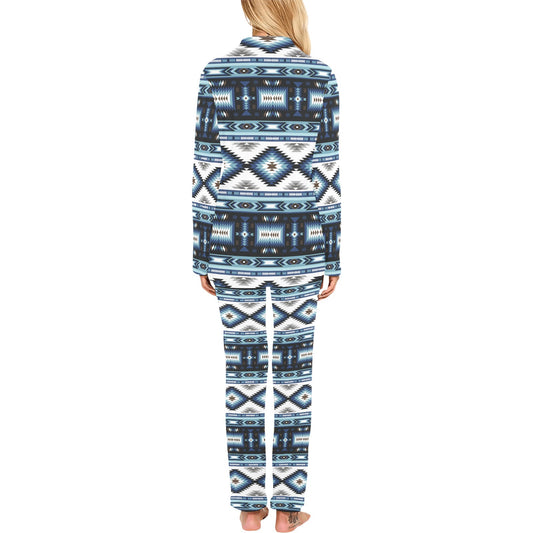 Navajo Dark Blue Print Pattern Women's Long Pajama Set