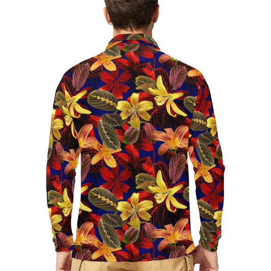 Lily Pattern Print Design LY014 Long Sleeve Polo Shirt For Men's