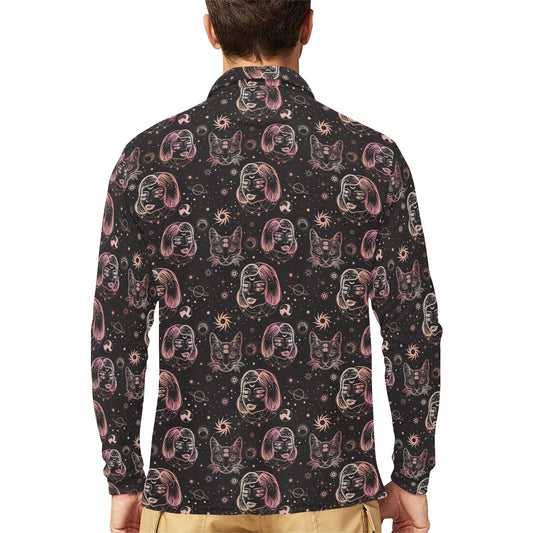 Third Eye Girl Cat Print Design LKS305 Long Sleeve Polo Shirt For Men's