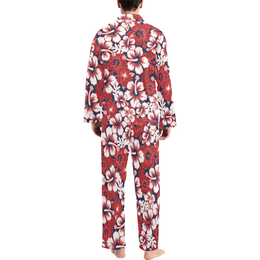 Red Hibiscus Pattern Print Design HB01 Men's Long Pajama Set
