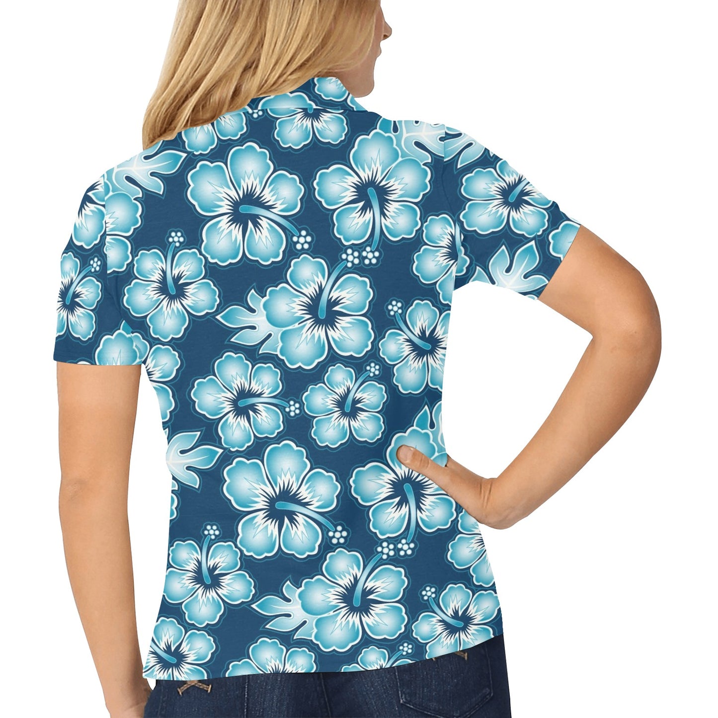 Blue Hibiscus Pattern Print Design HB011 Women's Polo Shirt