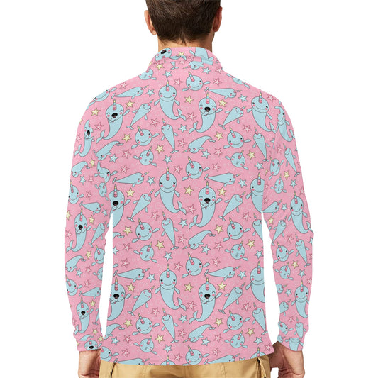 Narwhal Cartoon Cute Print Long Sleeve Polo Shirt For Men's