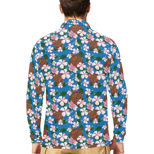 Sea Turtle Pink Hibiscus Hawaiian Print Long Sleeve Polo Shirt For Men's