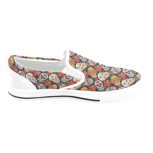Sugar Skull Print Design LKS306 White Slip Ons Canvas Women's Shoes