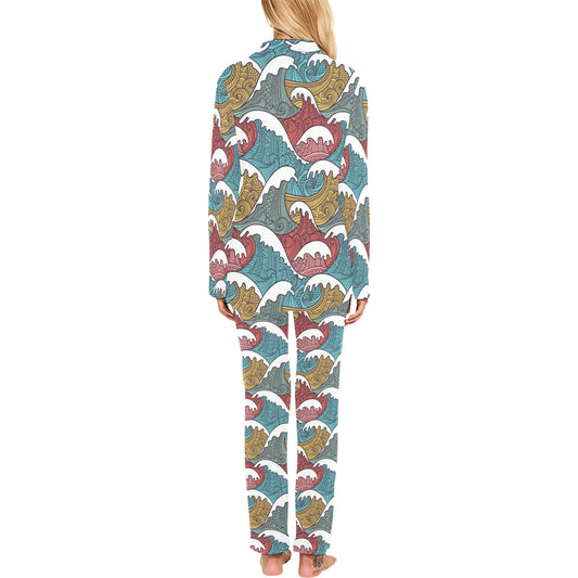 Tribal Wave Pattern Print Women's Long Pajama Set