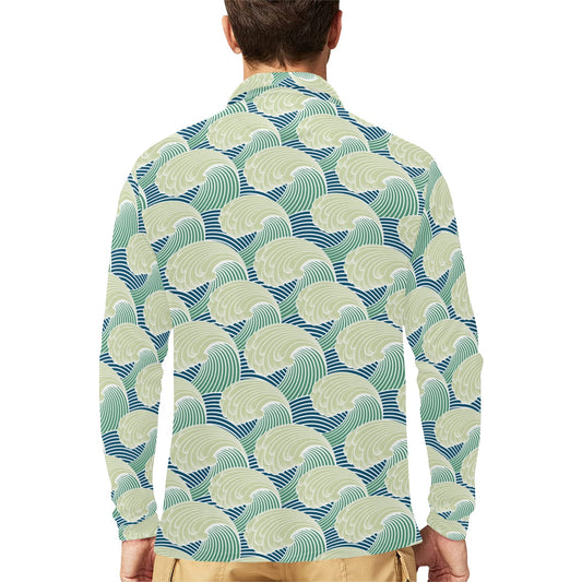 Wave Japan Style Print Design LKS302 Long Sleeve Polo Shirt For Men's